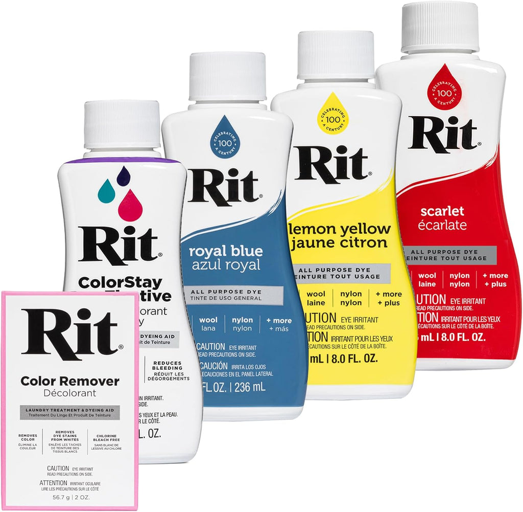 RIT Dye Bundle: Liquid Dye Scarlet 236 ml, Lemon Yellow 236 ml, Royal Blue 236 ml, Colour Remover Powder 56.7 g, Liquid Dye Fixative 236 ml