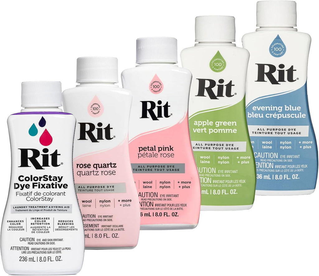 RIT Dye Bundle - Pastels: Liquid Dye Rose Quartz, Petal Pink, Evening Blue, Apple Green, Dye Fixative, 236 ml each