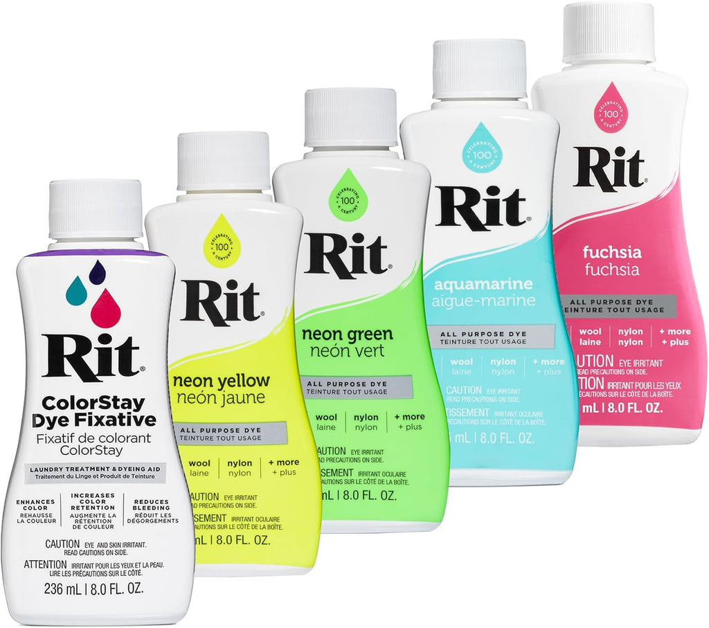 RIT Dye Bundle - Neon: Liquid Dye Yellow, Green, Aquamarine, Fuchsia, Fixative, 236 ml