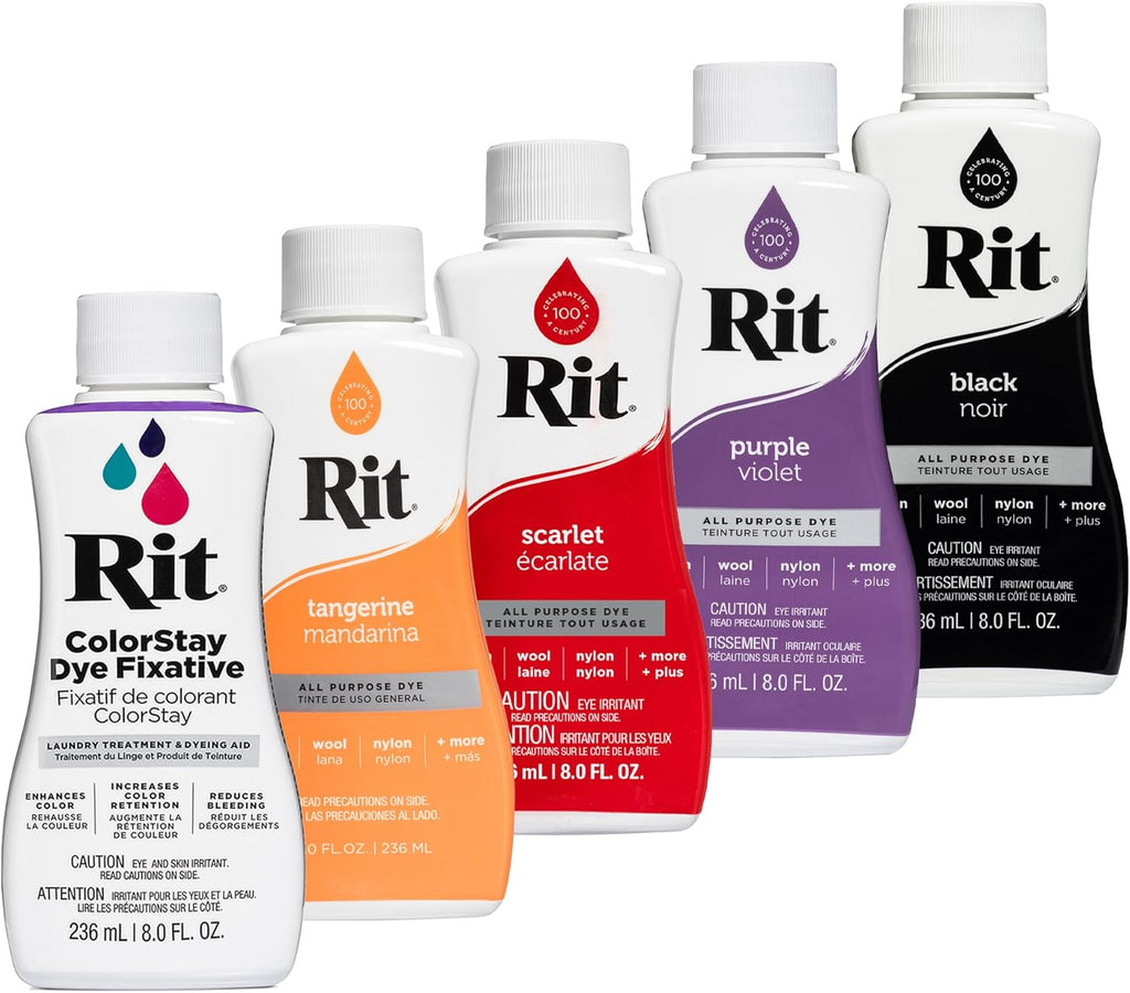 RIT Dye Bundle - Fall: Liquid Dye Tangerine, Scarlet, Black, Purple All Purpose Liquid Dyes, Colour Stay Fixative, 236 ml Each